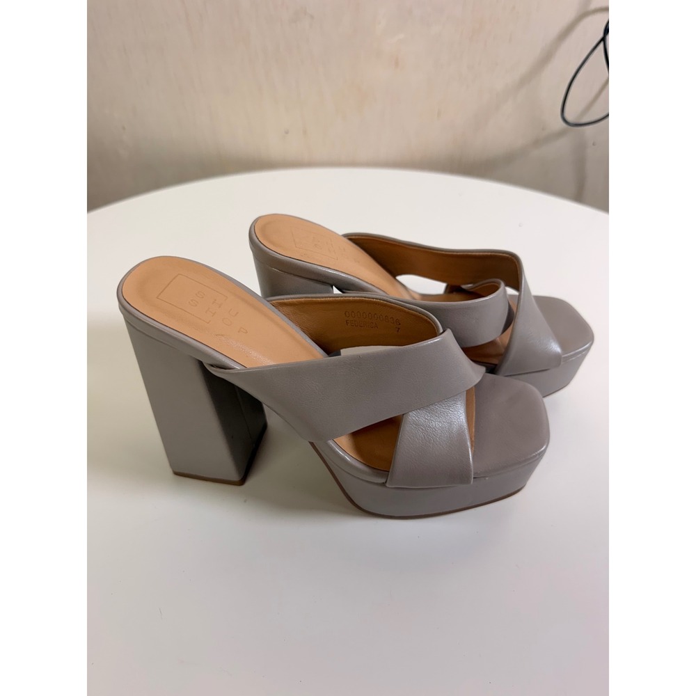 Shu Shop Federica Platform Mules Women 7 Grey Excellent Cross Strap Block Heel - Picture 3 of 7